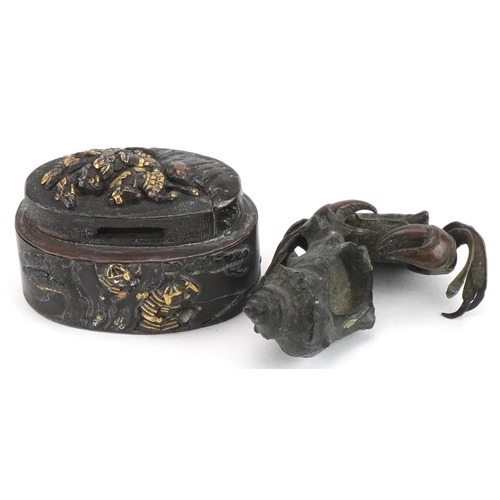 162 - Japanese patinated bronze crab and shell kimono and a mixed metal box, the largest 4.5cm wide