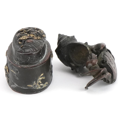 162 - Japanese patinated bronze crab and shell kimono and a mixed metal box, the largest 4.5cm wide