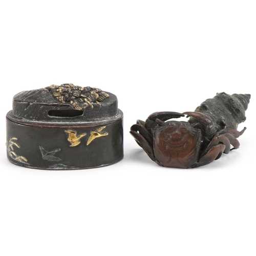 162 - Japanese patinated bronze crab and shell kimono and a mixed metal box, the largest 4.5cm wide