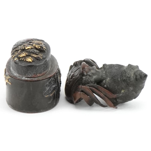 162 - Japanese patinated bronze crab and shell kimono and a mixed metal box, the largest 4.5cm wide