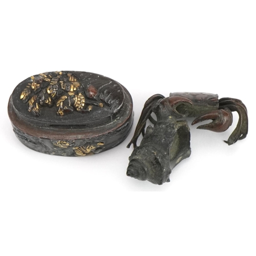 162 - Japanese patinated bronze crab and shell kimono and a mixed metal box, the largest 4.5cm wide