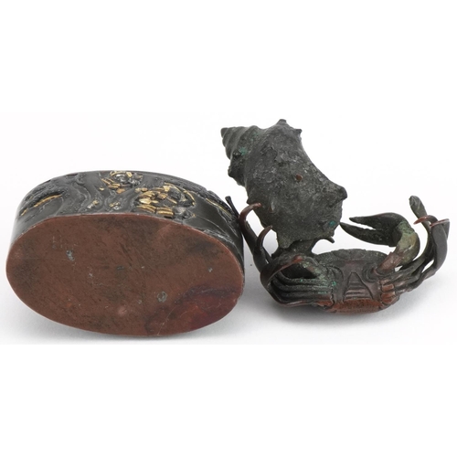 162 - Japanese patinated bronze crab and shell kimono and a mixed metal box, the largest 4.5cm wide