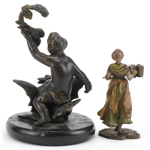 1150 - 19th century partially gilt patinated bronze of Cupid riding a swan and a cold painted bronze waitre... 