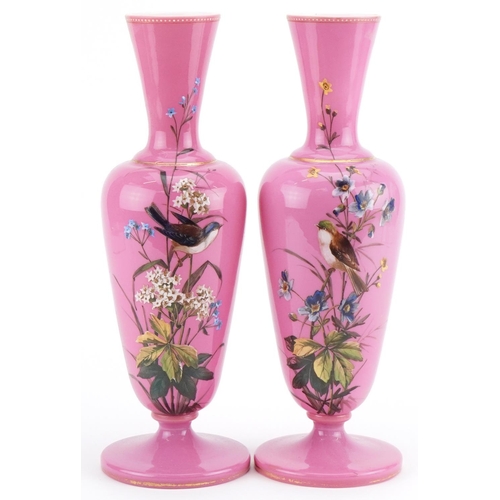 4 - Pair of Victorian aesthetic pink opaline glass vases enamelled with birds amongst flowers, 32cm high