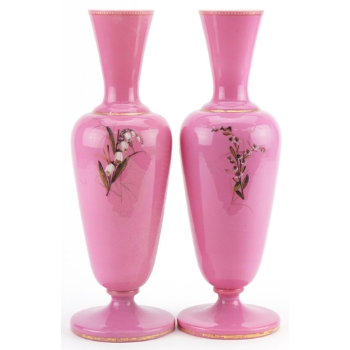 4 - Pair of Victorian aesthetic pink opaline glass vases enamelled with birds amongst flowers, 32cm high