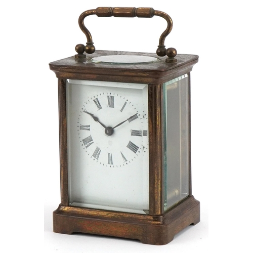 231 - French brass cased carriage clock with enamelled dial having Roman numerals and travel case, 11cm hi... 