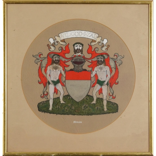 199 - Heraldic crest inscribed Menzies, circular ink, watercolour and gouache, mounted, framed and glazed,... 