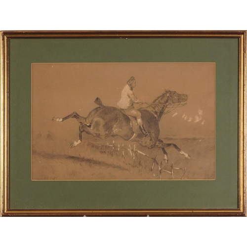 1052 - Horse and rider jumping a fence, chalk bearing a monogram CEJ, mounted, framed and glazed, 46cm x 29... 