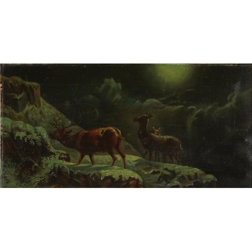 174 - M Moore - Stag and two birds by moonlight, signed oil on canvas, James Magill label verso, mounted a... 