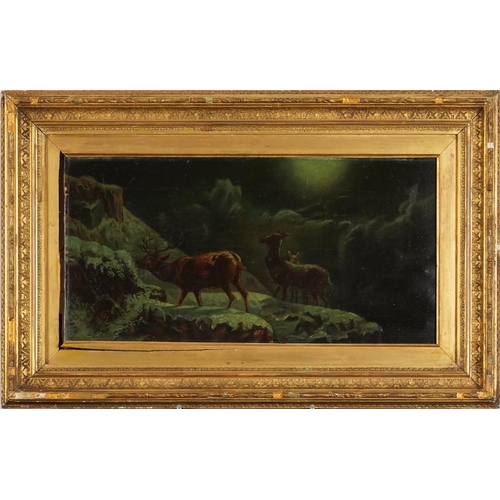 174 - M Moore - Stag and two birds by moonlight, signed oil on canvas, James Magill label verso, mounted a... 