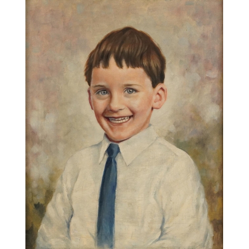 297 - Head and shoulders portrait of a smiling boy, picture on canvas, mounted and framed, 49.5cm x 38cm e... 