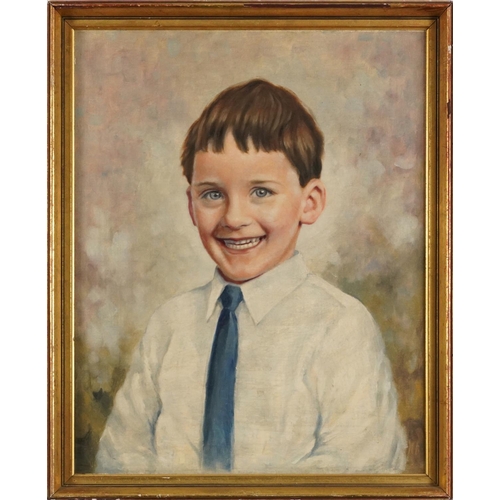 297 - Head and shoulders portrait of a smiling boy, picture on canvas, mounted and framed, 49.5cm x 38cm e... 