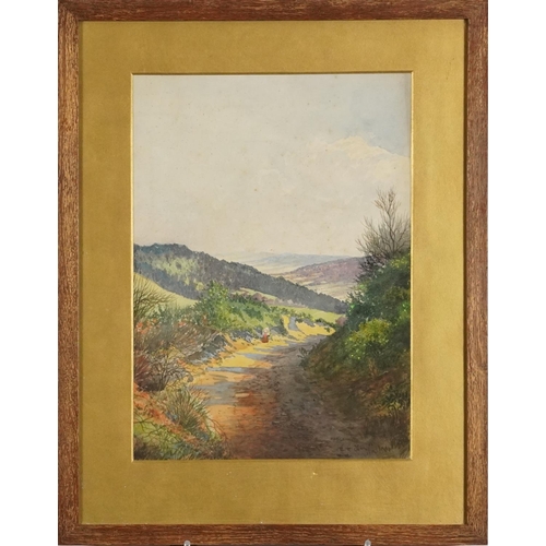 172 - E G May - Haslemere landscape with figure, signed watercolour, mounted, framed and glazed, 34.4cm x ... 