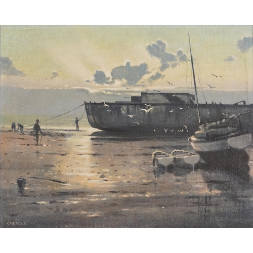 1019 - David Cheadle - Flotsam of war, signed oil on board, inscribed verso, mounted and framed, 49.5cm x 4... 