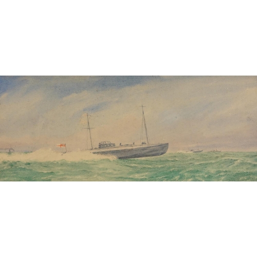 123 - Irvin Bevan - Royal Navy boats in open sea, signed watercolour, mounted, framed and glazed, 47.5cm x... 