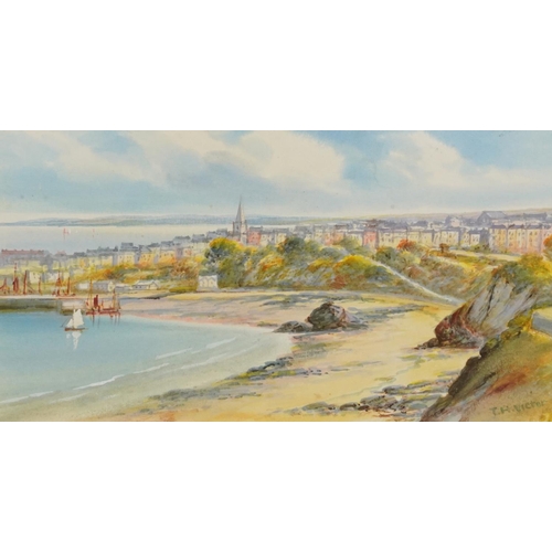 1302 - Thomas H Victor - Cornish coastal town scene, signed watercolour, inscribed verso, mounted, framed a... 