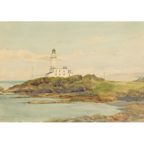 236 - Henry Reid Inman - The Lighthouse, Turnberry, signed watercolour, details verso, mounted, framed and... 