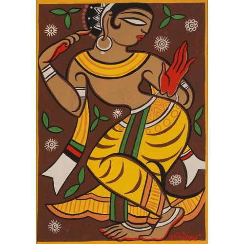 1008 - Circle of Jamini Roy - Portrait of a dancer, Indian school gouache, mounted, framed and glazed, 33.5... 