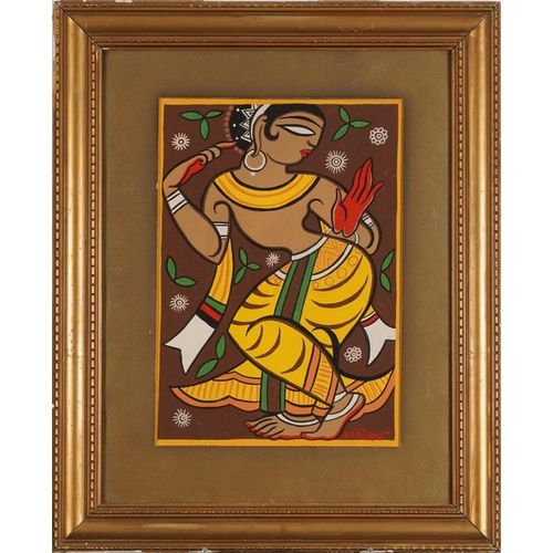 1008 - Circle of Jamini Roy - Portrait of a dancer, Indian school gouache, mounted, framed and glazed, 33.5... 