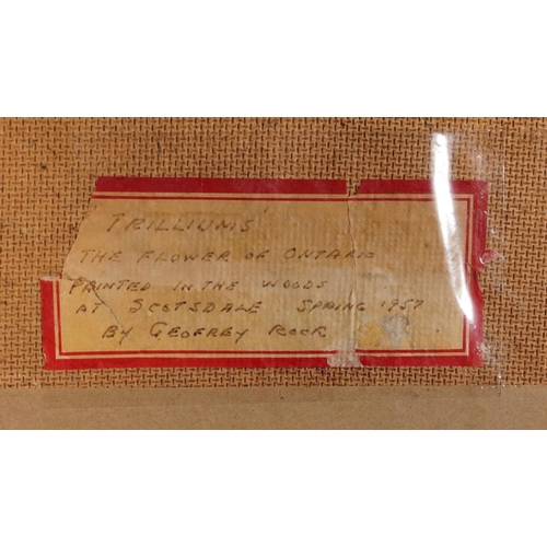 272 - Geoffrey Rock - Trilliums, The Flower of Ontario, Canadian oil on board, label verso, mounted and fr... 