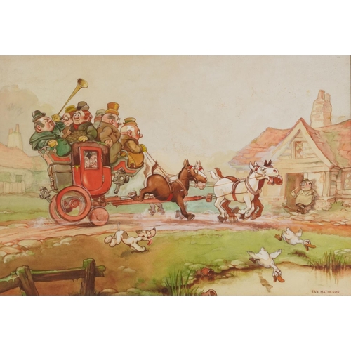 237 - Ian Matheson - Horse drawn cart, comical watercolour illustration, framed and glazed, 49cm x 34cm ex... 