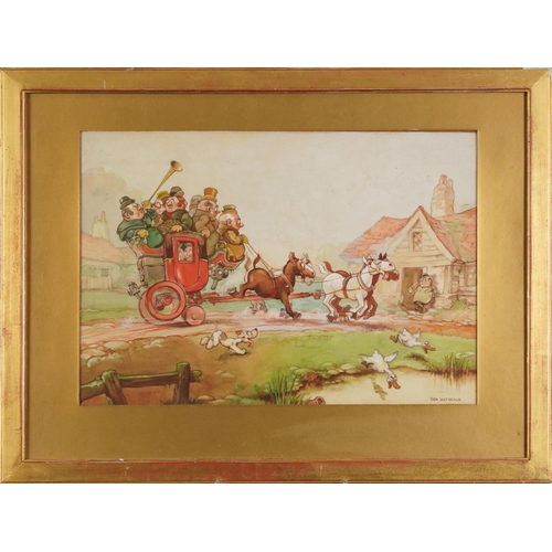 237 - Ian Matheson - Horse drawn cart, comical watercolour illustration, framed and glazed, 49cm x 34cm ex... 