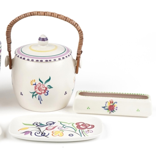 1147 - Mid century Poole pottery including biscuit barrel and cover with swing handle and preserve jars, th... 