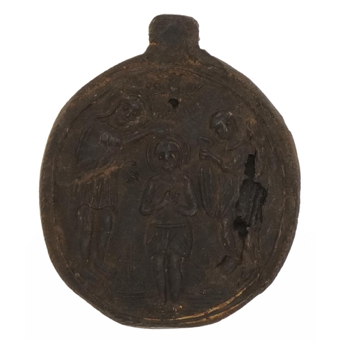 185 - Antique Ottoman Greek horn medallion carved with The Virgin and Child and saints, 5cm high