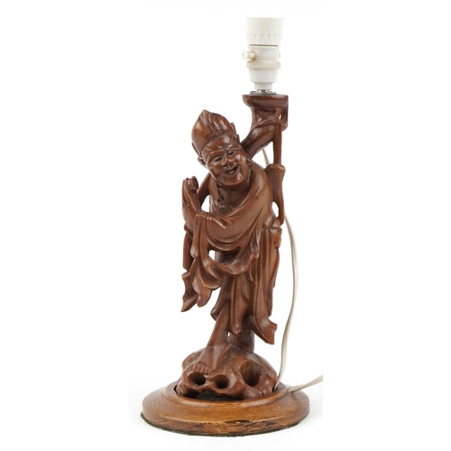 315 - Chinese carved root wood table lamp in the form of an elder, 38.5cm high