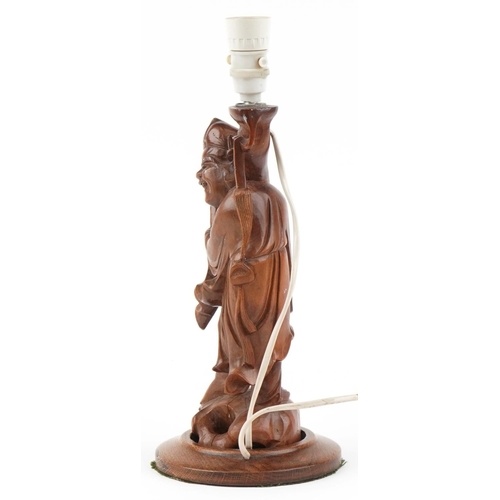 315 - Chinese carved root wood table lamp in the form of an elder, 38.5cm high