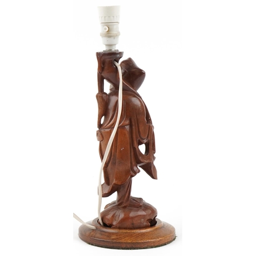 315 - Chinese carved root wood table lamp in the form of an elder, 38.5cm high