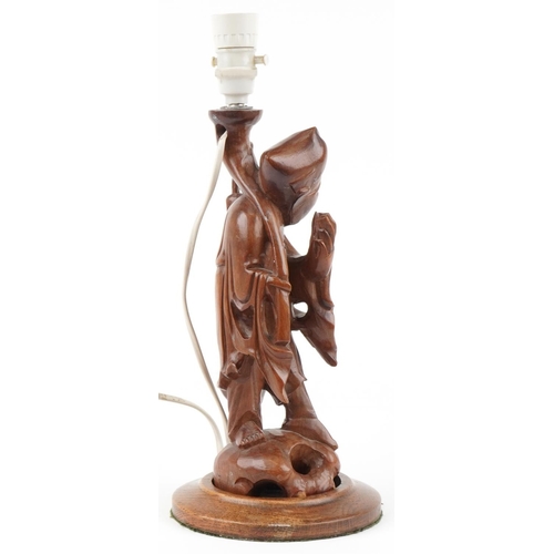 315 - Chinese carved root wood table lamp in the form of an elder, 38.5cm high