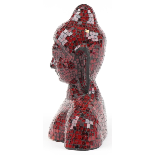 1111 - Red glass mosaic fibreglass bust of a Buddha, 43cm high