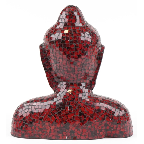 1111 - Red glass mosaic fibreglass bust of a Buddha, 43cm high