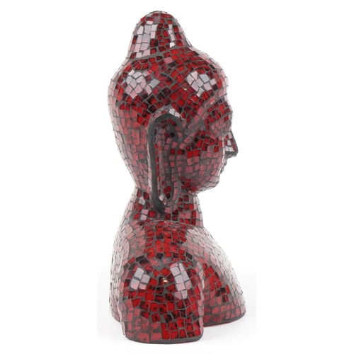 1111 - Red glass mosaic fibreglass bust of a Buddha, 43cm high