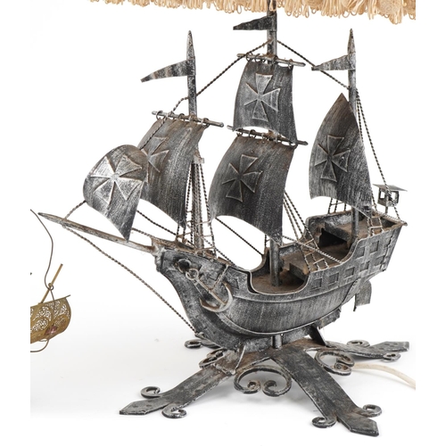 1123 - Silvered cast metal Maltese ship table lamp with shade and a similar gilt filigree sculpture, the la... 