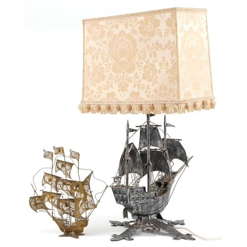 1123 - Silvered cast metal Maltese ship table lamp with shade and a similar gilt filigree sculpture, the la... 