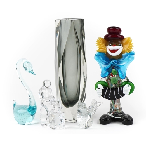 397 - Art glassware including a Murano clown and Seguso two colour glass vase, the largest 28cm high