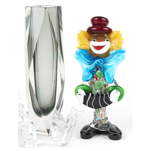 397 - Art glassware including a Murano clown and Seguso two colour glass vase, the largest 28cm high