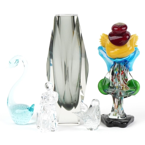 397 - Art glassware including a Murano clown and Seguso two colour glass vase, the largest 28cm high