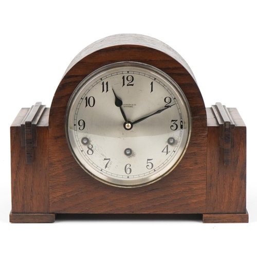 1139 - Oak cased Westminster chiming mantle clock with silvered dial inscribed Stevenson & Co Sevenoaks