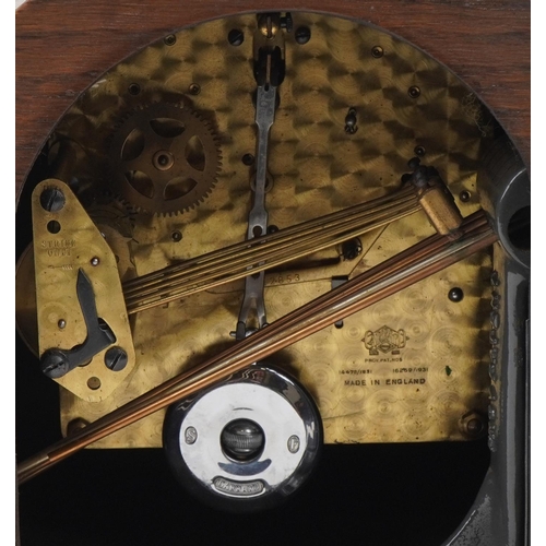 1139 - Oak cased Westminster chiming mantle clock with silvered dial inscribed Stevenson & Co Sevenoaks