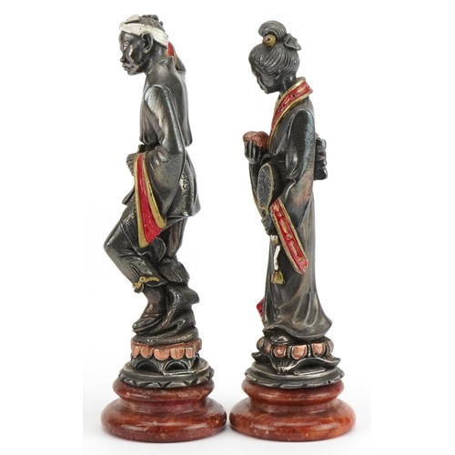 167 - A Giannelli, pair of silver Chinese figures with hardstone bases, each 15cm high