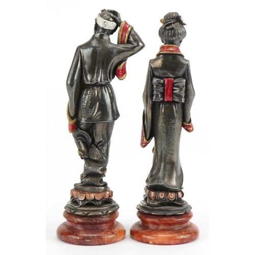 167 - A Giannelli, pair of silver Chinese figures with hardstone bases, each 15cm high