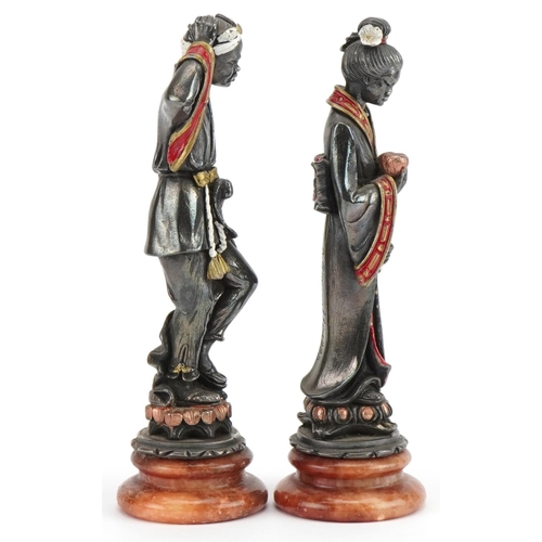 167 - A Giannelli, pair of silver Chinese figures with hardstone bases, each 15cm high