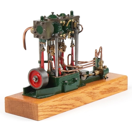 1368 - Scratch built steam beam engine on wooden block base, 30.5cm in length