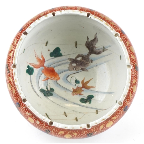 1127 - Japanese porcelain jardiniere hand painted with cranes, phoenixes and fish, 27cm in diameter