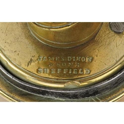 463 - 19th century James Dixon & Sons of Sheffield copper and brass powder flask, 20cm in length