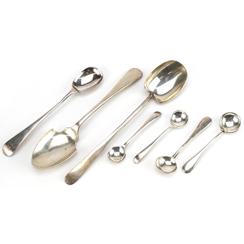 268A - Georgian and later silver spoons including mustard spoons, various hallmarks, the largest 15cm in le... 