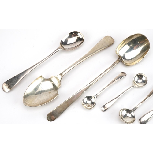 268A - Georgian and later silver spoons including mustard spoons, various hallmarks, the largest 15cm in le... 